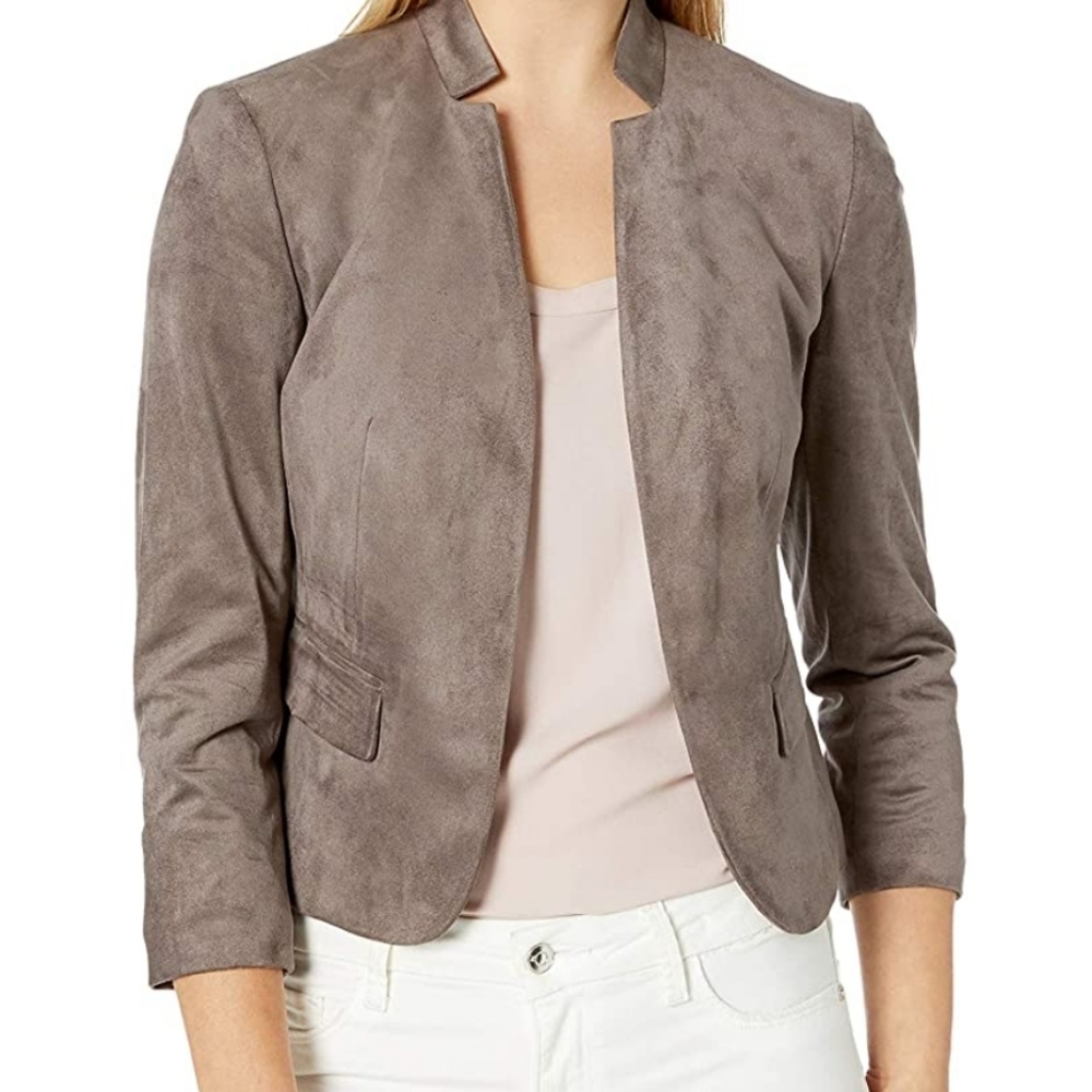 Nine West Suede Collar Kissing Jacket Blazer Taupe